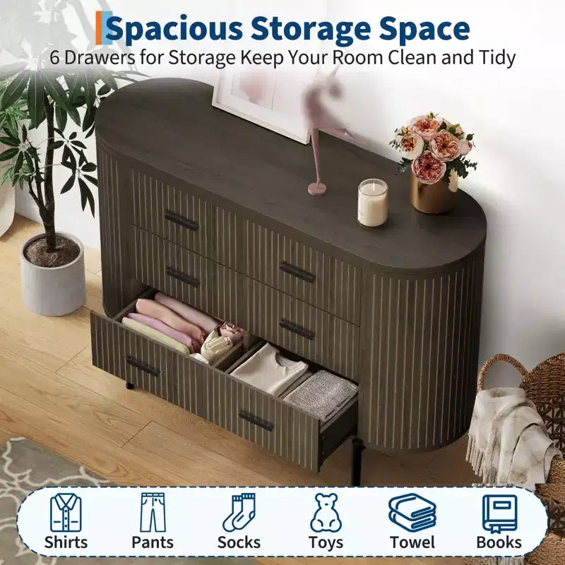 6 Drawer Dresser for Bedroom, 47W Wood Chest of Drawers with Faux Marble Top, Fluted Dresser TV Stand, Clothes Storage Organizer for Bedroom