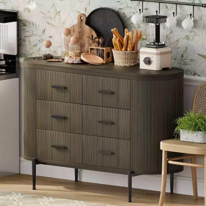 6 Drawer Dresser for Bedroom, 47W Wood Chest of Drawers with Faux Marble Top, Fluted Dresser TV Stand, Clothes Storage Organizer for Bedroom