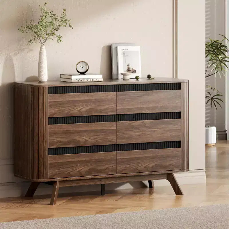 6 Drawer Dresser Roller shutter Chest of Drawers Curved Profile Design Wood Drawer Organizer for Bedroom Living Room Hallway Entryway
