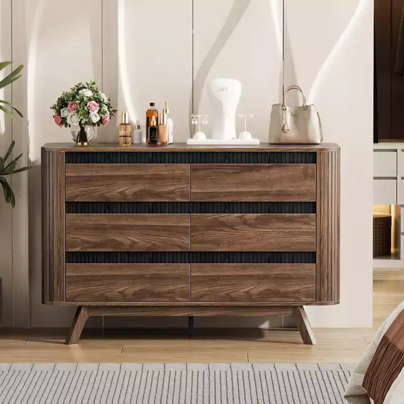 6 Drawer Dresser Roller shutter Chest of Drawers Curved Profile Design Wood Drawer Organizer for Bedroom Living Room Hallway Entryway