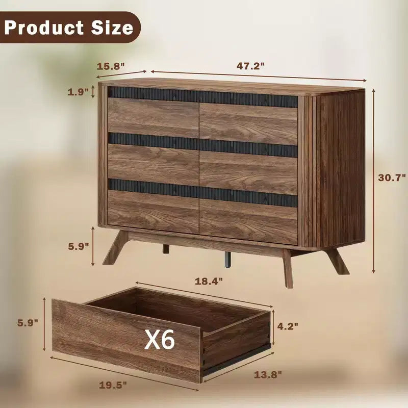 6 Drawer Dresser Roller shutter Chest of Drawers Curved Profile Design Wood Drawer Organizer for Bedroom Living Room Hallway Entryway