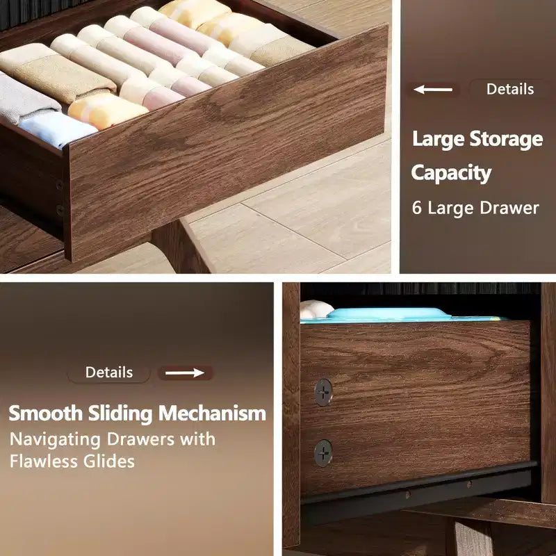 6 Drawer Dresser Roller shutter Chest of Drawers Curved Profile Design Wood Drawer Organizer for Bedroom Living Room Hallway Entryway