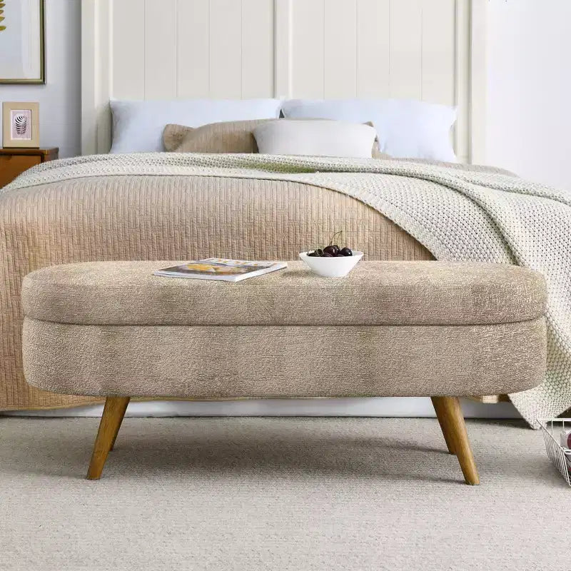 43 Inch Versatile End-of-Bed Ottoman Bench with Storage, Soft Linen, Rubberwood Legs, 250 lbs Capacity