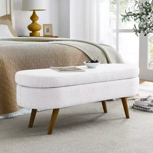 43 Inch Versatile End-of-Bed Ottoman Bench with Storage, Soft Linen, Rubberwood Legs, 250 lbs Capacity