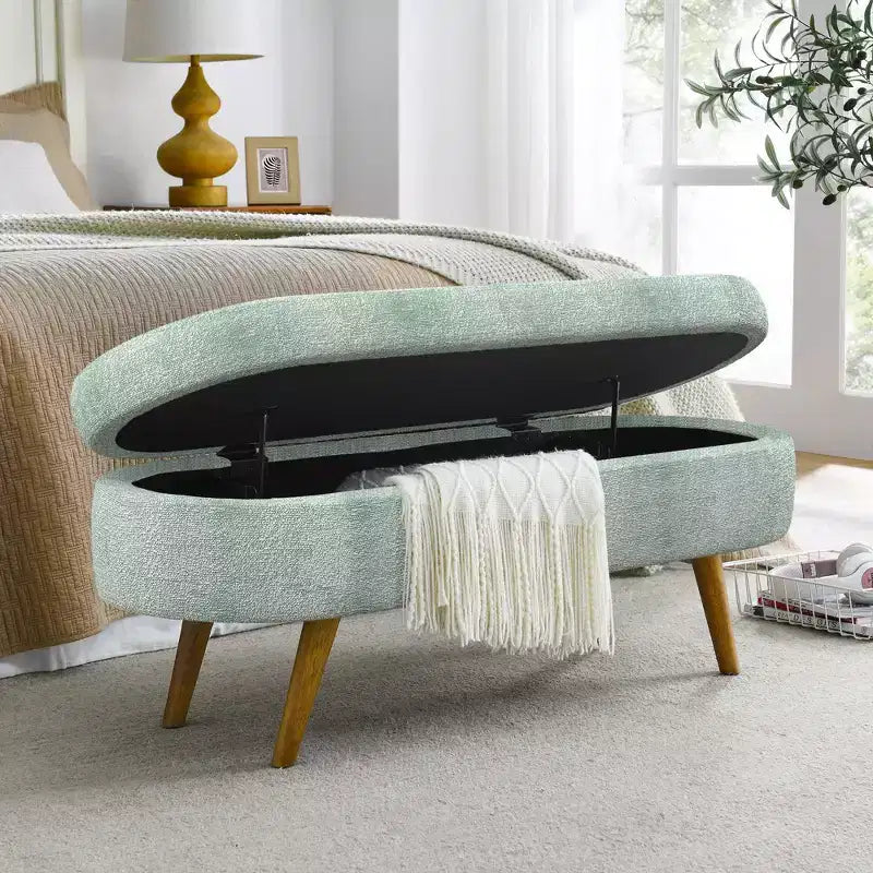 43 Inch Versatile End-of-Bed Ottoman Bench with Storage, Soft Linen, Rubberwood Legs, 250 lbs Capacity