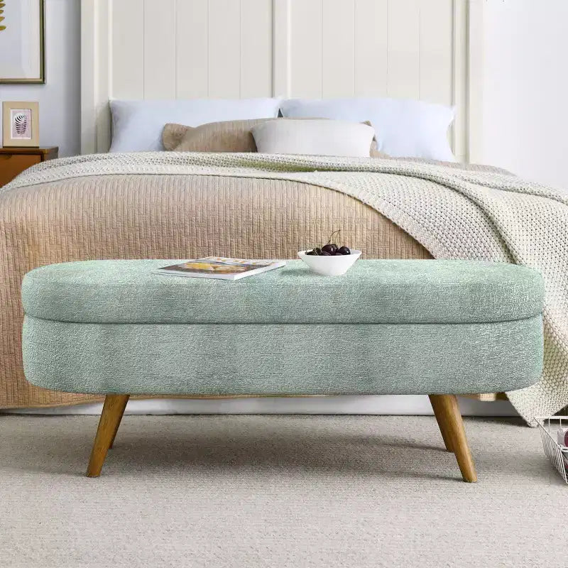 43 Inch Versatile End-of-Bed Ottoman Bench with Storage, Soft Linen, Rubberwood Legs, 250 lbs Capacity