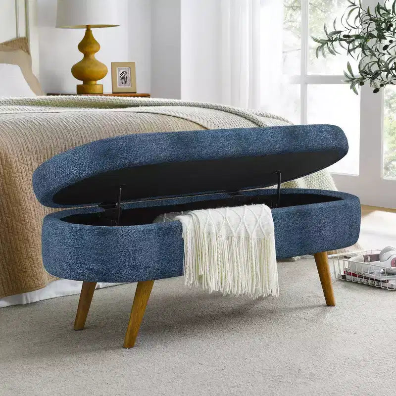 43 Inch Versatile End-of-Bed Ottoman Bench with Storage, Soft Linen, Rubberwood Legs, 250 lbs Capacity