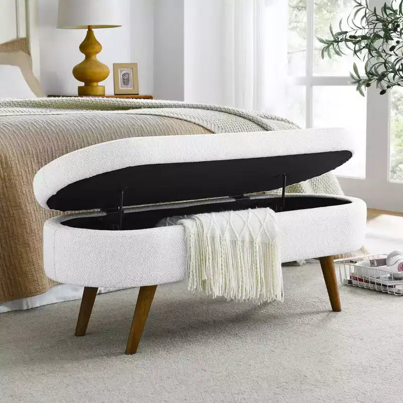 43 Inch Versatile End-of-Bed Ottoman Bench with Storage, Soft Linen, Rubberwood Legs, 250 lbs Capacity