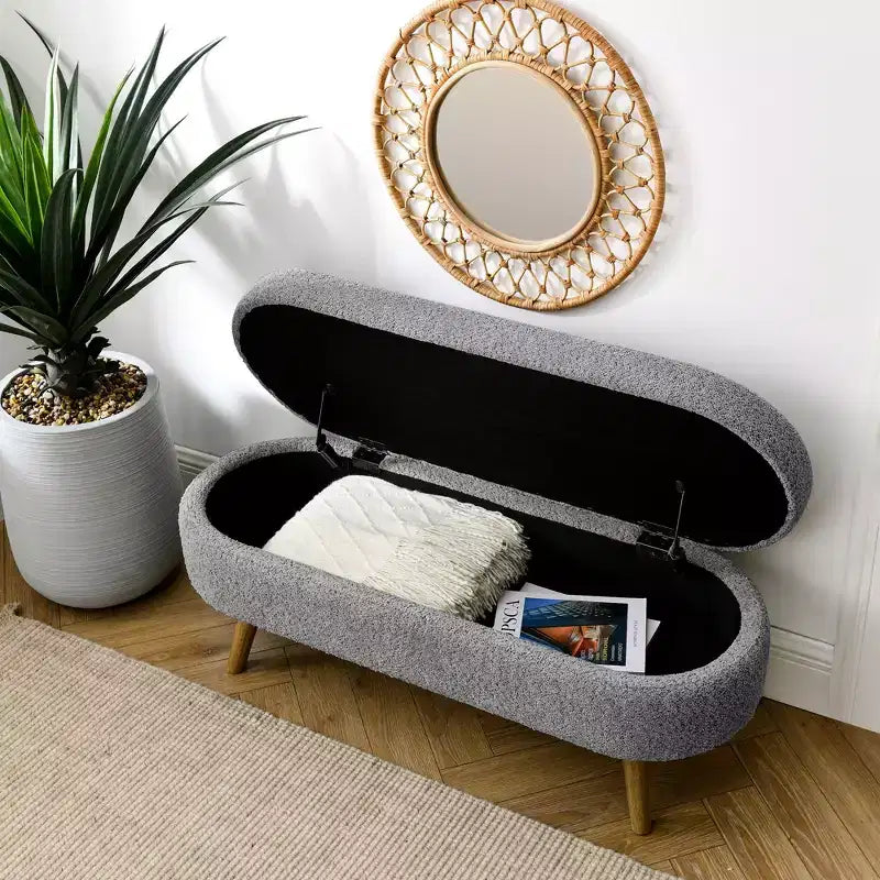 43 Inch Versatile End-of-Bed Ottoman Bench with Storage, Soft Linen, Rubberwood Legs, 250 lbs Capacity