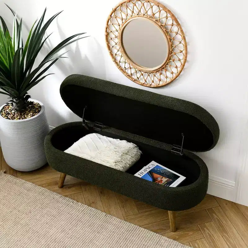 43 Inch Versatile End-of-Bed Ottoman Bench with Storage, Soft Linen, Rubberwood Legs, 250 lbs Capacity