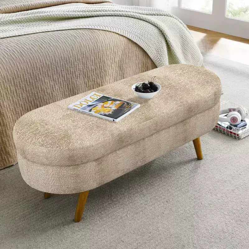 43 Inch Versatile End-of-Bed Ottoman Bench with Storage, Soft Linen, Rubberwood Legs, 250 lbs Capacity