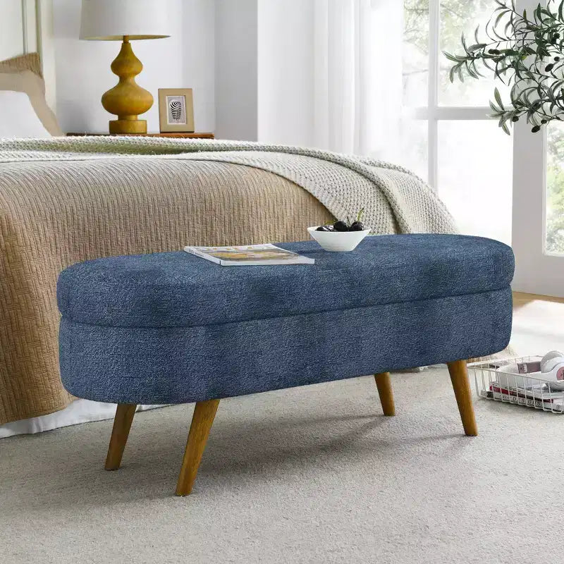 43 Inch Versatile End-of-Bed Ottoman Bench with Storage, Soft Linen, Rubberwood Legs, 250 lbs Capacity