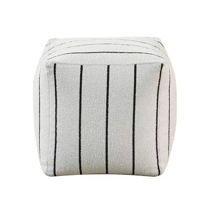 16 Inch Square Pouf, Chic Jacquard Ottoman, Footrest Stool, Non-Slip, 300 lbs Capacity, White Stripes