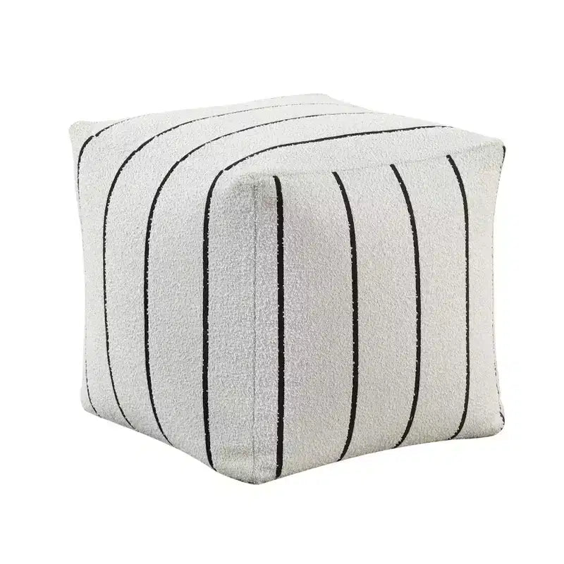 16 Inch Square Pouf, Chic Jacquard Ottoman, Footrest Stool, Non-Slip, 300 lbs Capacity, White Stripes