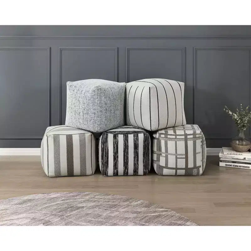 16 Inch Square Pouf, Chic Jacquard Ottoman, Footrest Stool, Non-Slip, 300 lbs Capacity, White Stripes
