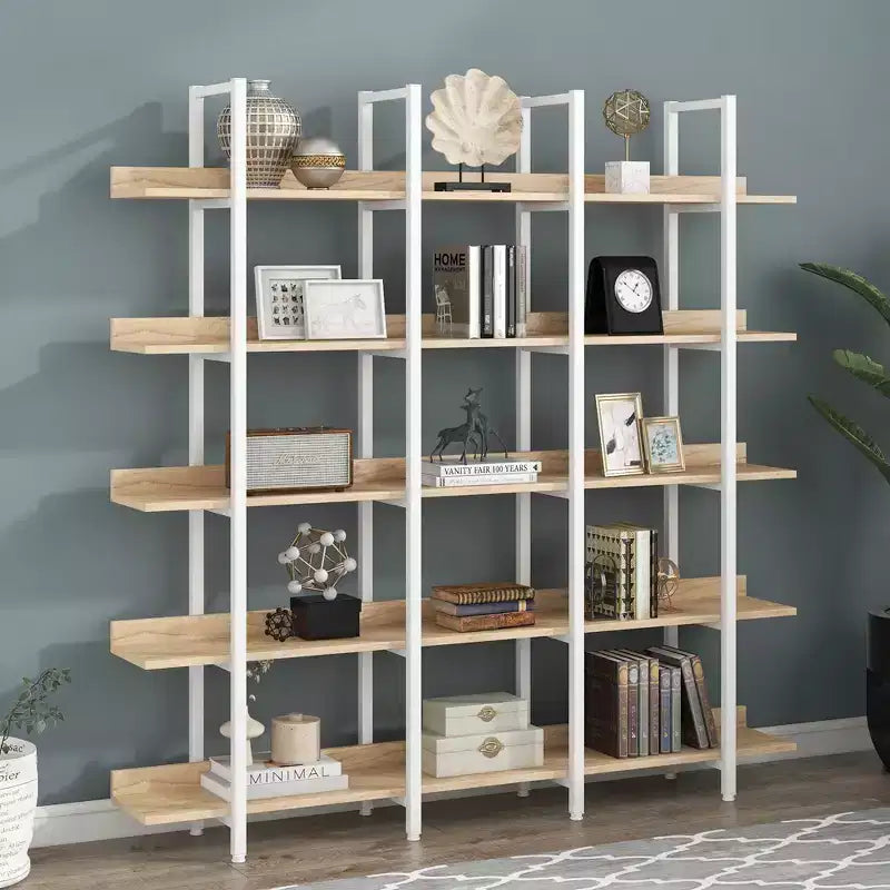 5 Tier Bookcase Home Office Open Bookshelf, Vintage Industrial Style Shelf, MDF Board, White Metal Frame