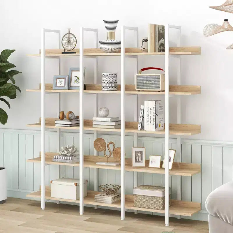 5 Tier Bookcase Home Office Open Bookshelf, Vintage Industrial Style Shelf, MDF Board, White Metal Frame