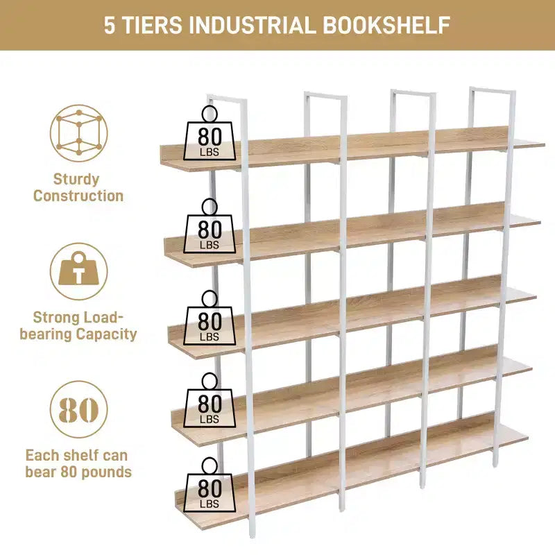 5 Tier Bookcase Home Office Open Bookshelf, Vintage Industrial Style Shelf, MDF Board, White Metal Frame