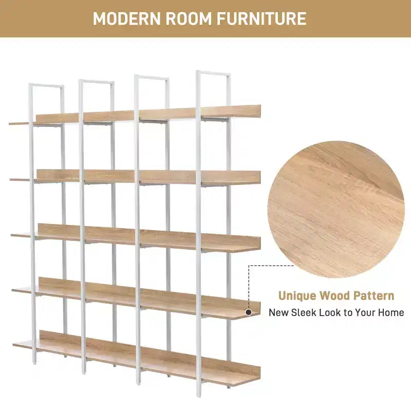 5 Tier Bookcase Home Office Open Bookshelf, Vintage Industrial Style Shelf, MDF Board, White Metal Frame