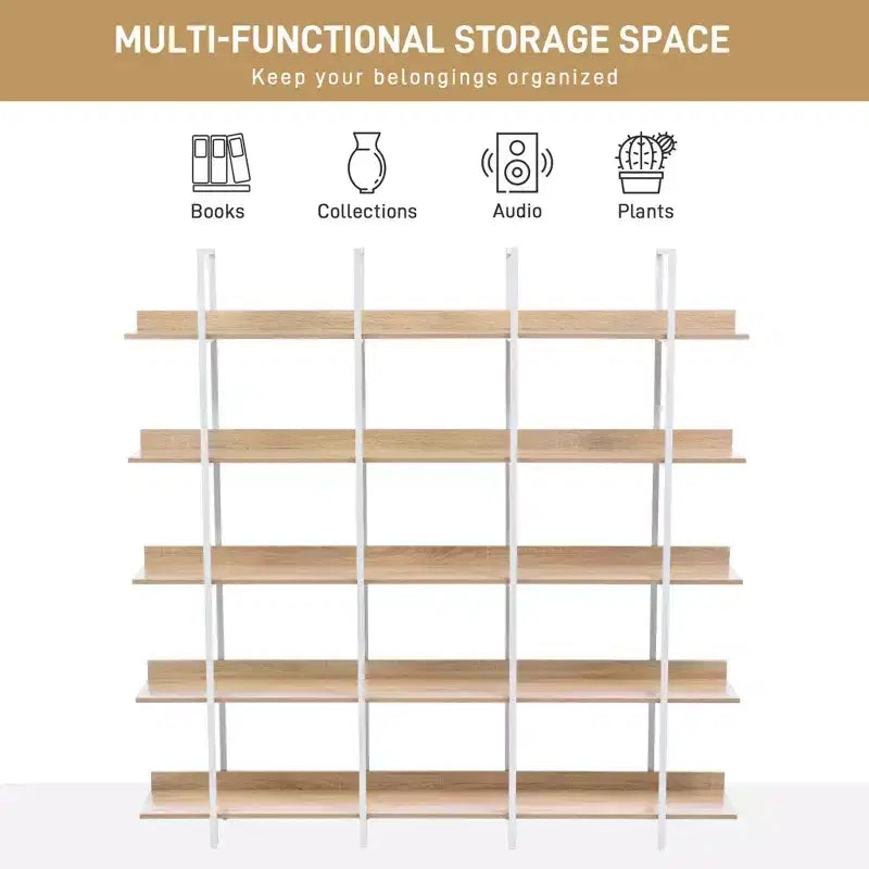 5 Tier Bookcase Home Office Open Bookshelf, Vintage Industrial Style Shelf, MDF Board, White Metal Frame