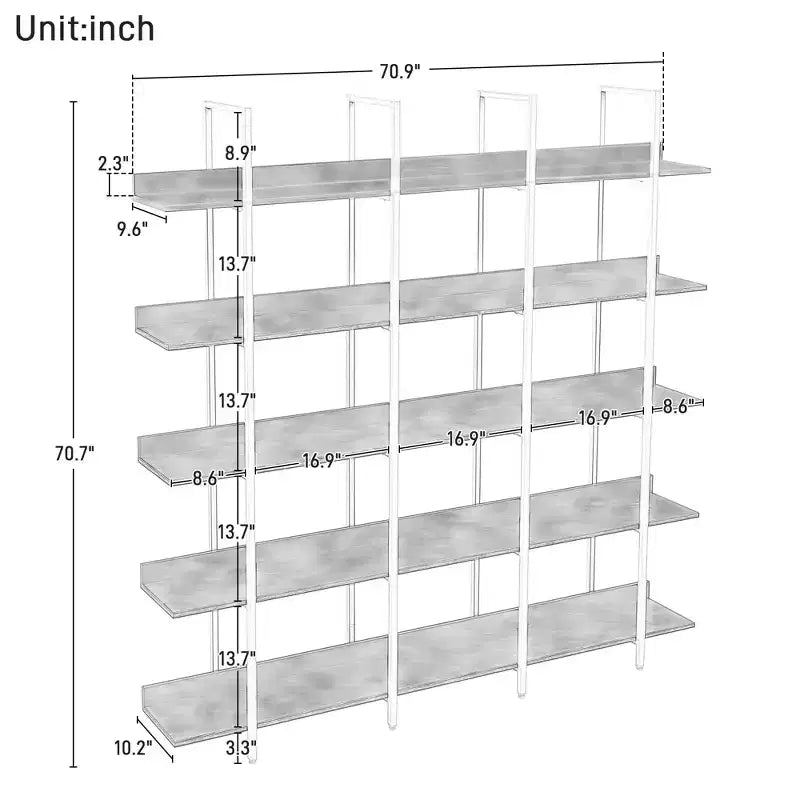 5 Tier Bookcase Home Office Open Bookshelf, Vintage Industrial Style Shelf, MDF Board, White Metal Frame
