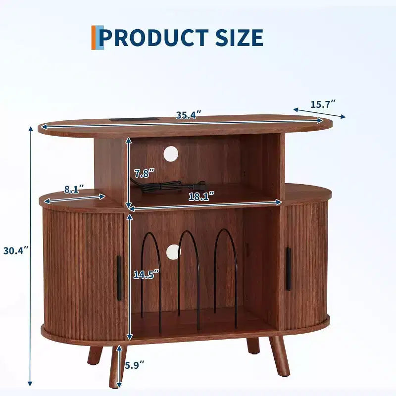Record Player Stand with Storage and Charging Station, Large Round Vinyl Record Cabinet,Modern Turntable Stand for Living Room,Bedroom