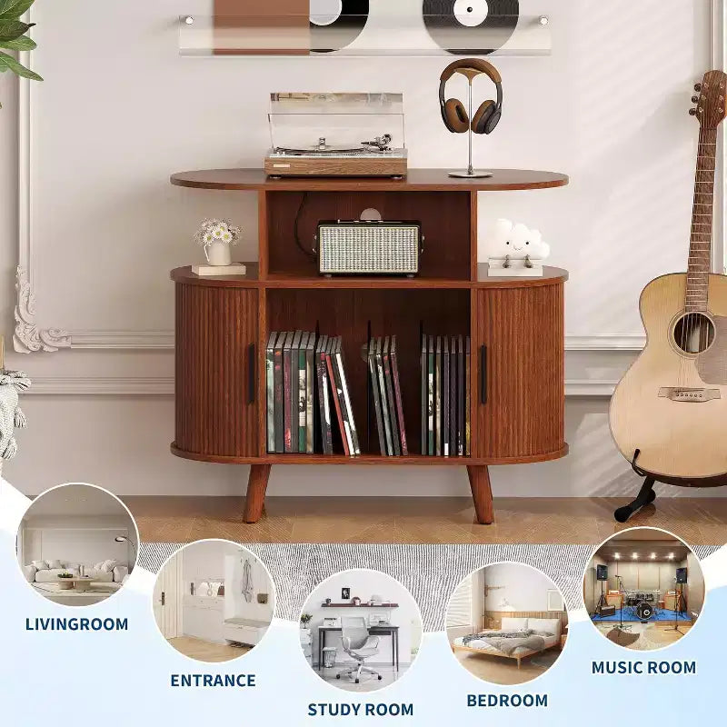 Record Player Stand with Storage and Charging Station, Large Round Vinyl Record Cabinet,Modern Turntable Stand for Living Room,Bedroom