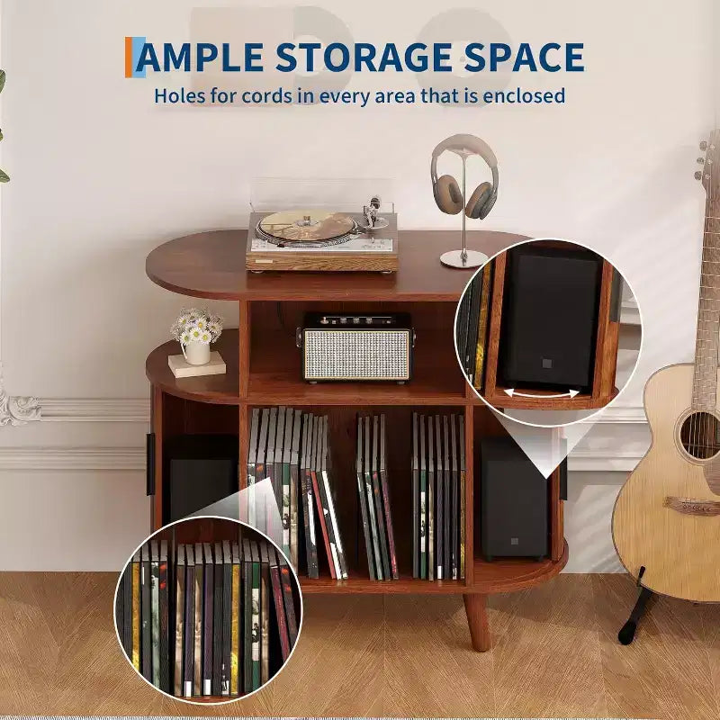 Record Player Stand with Storage and Charging Station, Large Round Vinyl Record Cabinet,Modern Turntable Stand for Living Room,Bedroom