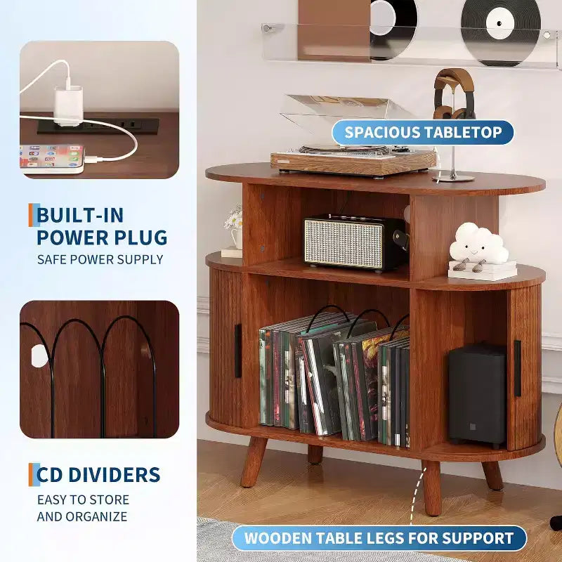 Record Player Stand with Storage and Charging Station, Large Round Vinyl Record Cabinet,Modern Turntable Stand for Living Room,Bedroom