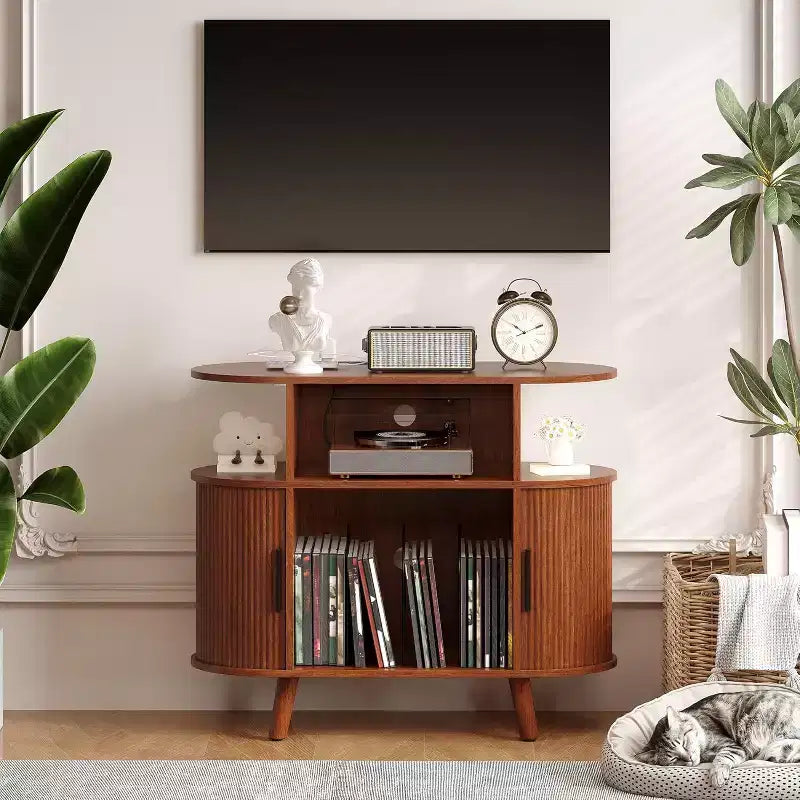 Record Player Stand with Storage and Charging Station, Large Round Vinyl Record Cabinet,Modern Turntable Stand for Living Room,Bedroom
