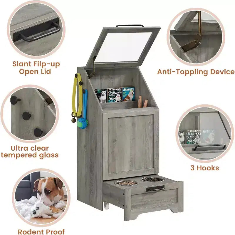 Fold Top Dog Feeding Station with Storage Cabinet, 2 Elevated Stainless Steel Bowls & 3 Hooks, Wooden Pet Food Organizer for Dogs Cats, End Table