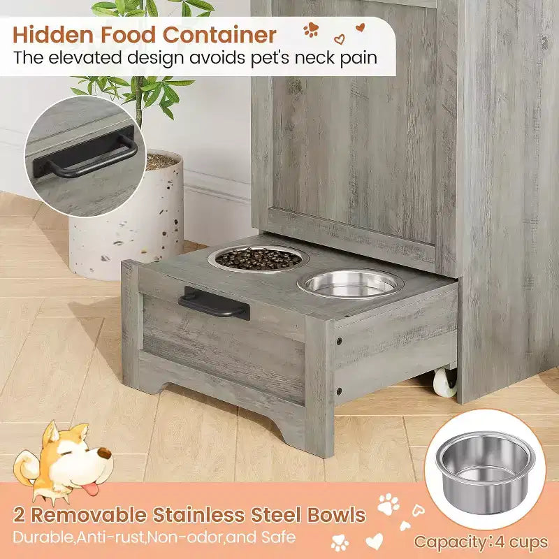 Fold Top Dog Feeding Station with Storage Cabinet, 2 Elevated Stainless Steel Bowls & 3 Hooks, Wooden Pet Food Organizer for Dogs Cats, End Table