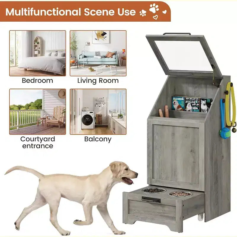 Fold Top Dog Feeding Station with Storage Cabinet, 2 Elevated Stainless Steel Bowls & 3 Hooks, Wooden Pet Food Organizer for Dogs Cats, End Table