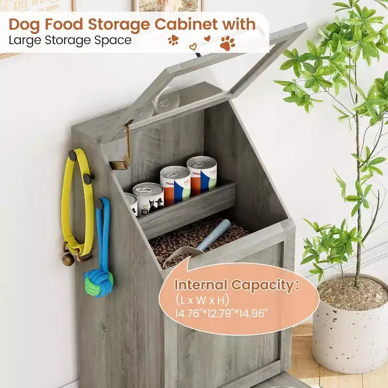 Fold Top Dog Feeding Station with Storage Cabinet, 2 Elevated Stainless Steel Bowls & 3 Hooks, Wooden Pet Food Organizer for Dogs Cats, End Table