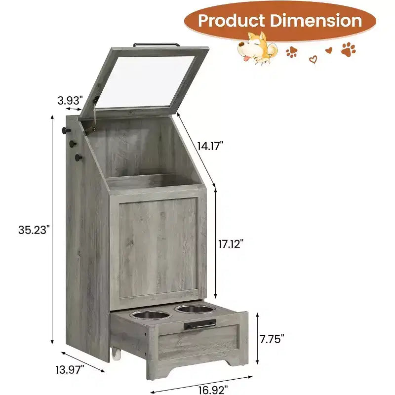 Fold Top Dog Feeding Station with Storage Cabinet, 2 Elevated Stainless Steel Bowls & 3 Hooks, Wooden Pet Food Organizer for Dogs Cats, End Table