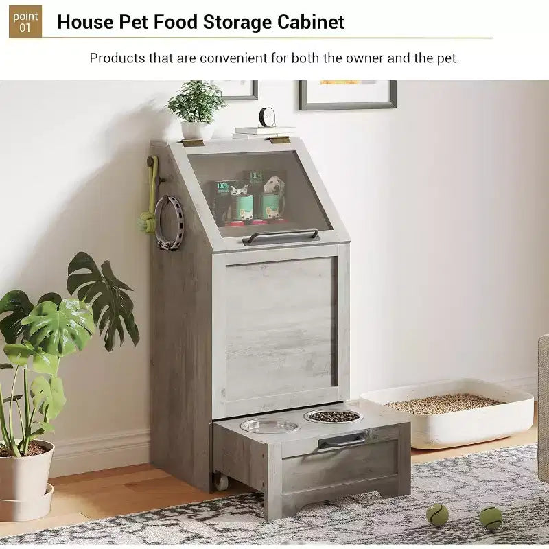 Fold Top Dog Feeding Station with Storage Cabinet, 2 Elevated Stainless Steel Bowls & 3 Hooks, Wooden Pet Food Organizer for Dogs Cats, End Table