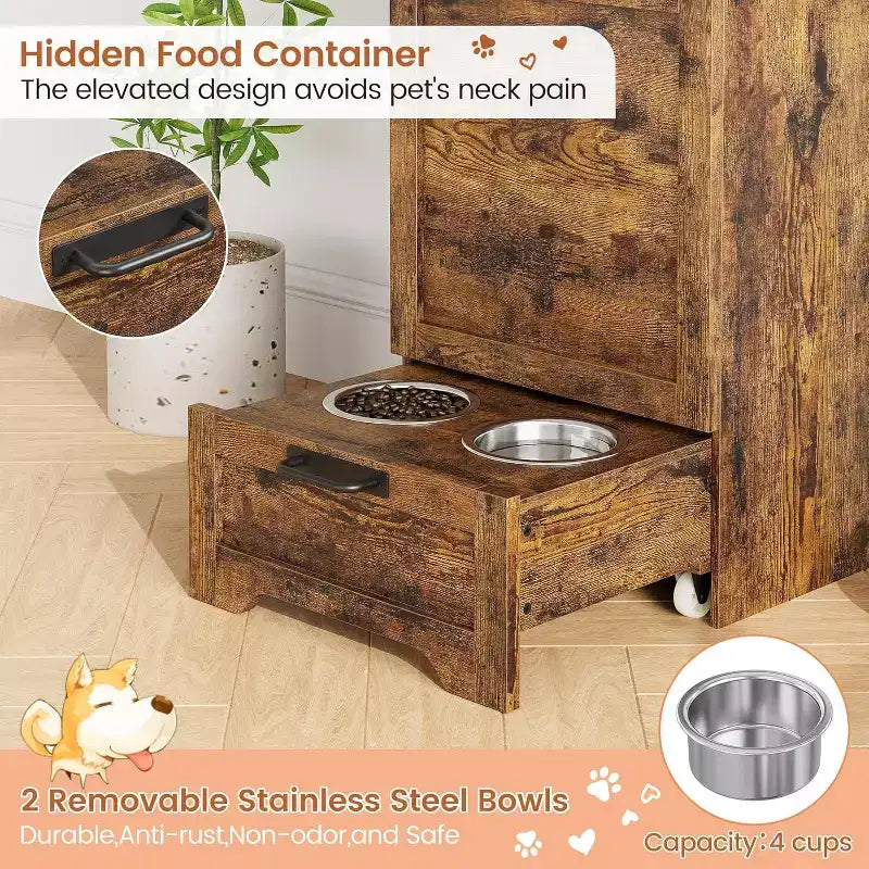 Fold Top Dog Feeding Station with Storage Cabinet, 2 Elevated Stainless Steel Bowls & 3 Hooks, Wooden Pet Food Organizer for Dogs Cats, End Table