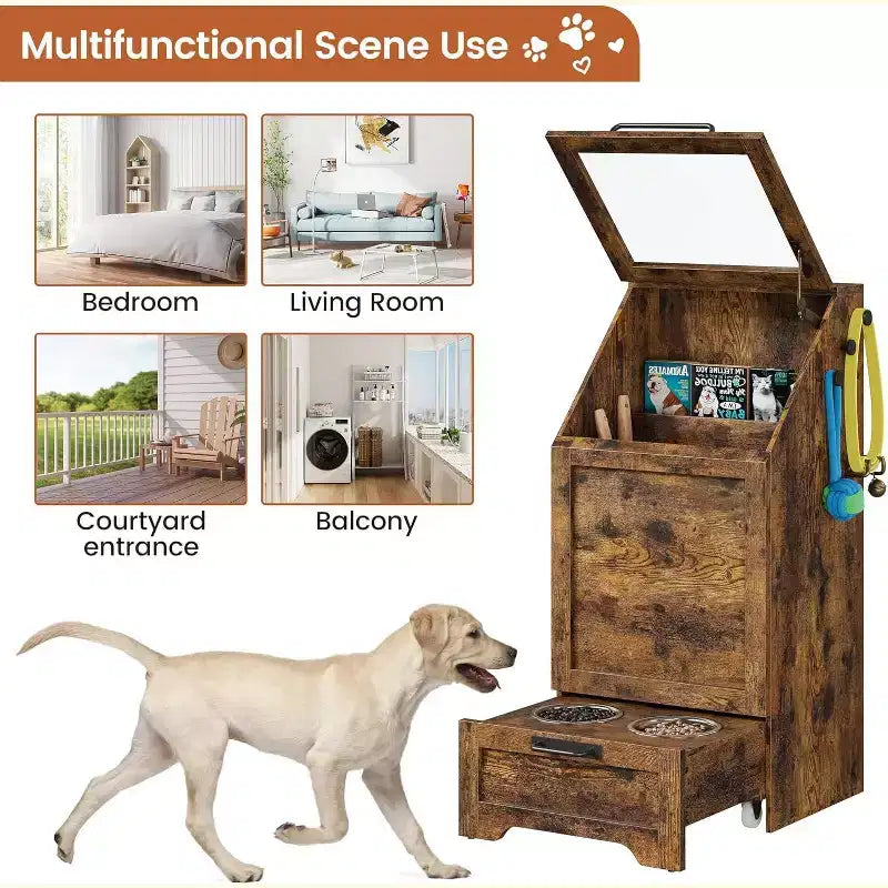 Fold Top Dog Feeding Station with Storage Cabinet, 2 Elevated Stainless Steel Bowls & 3 Hooks, Wooden Pet Food Organizer for Dogs Cats, End Table