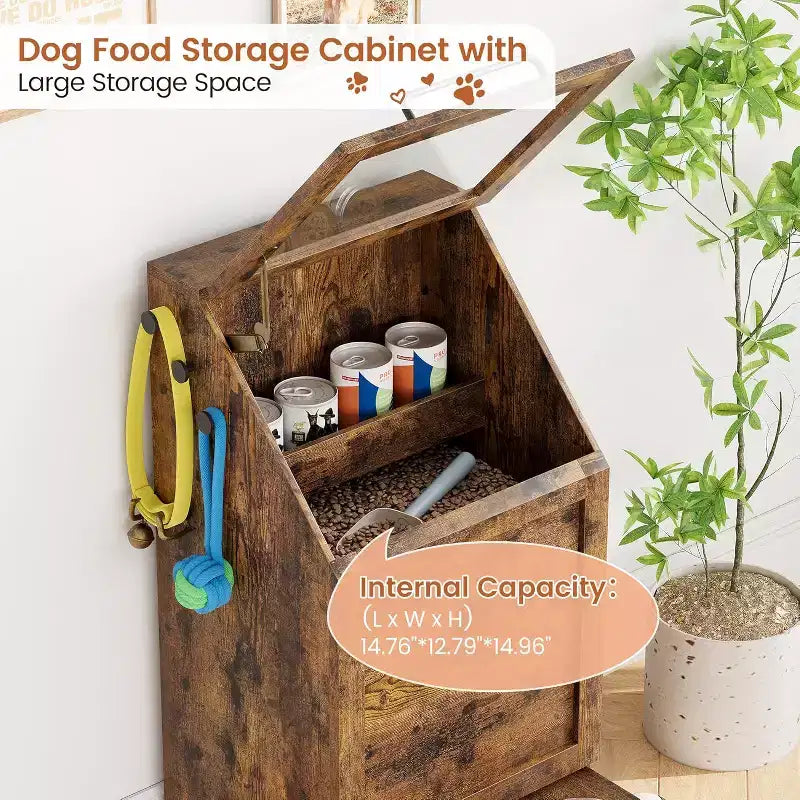 Fold Top Dog Feeding Station with Storage Cabinet, 2 Elevated Stainless Steel Bowls & 3 Hooks, Wooden Pet Food Organizer for Dogs Cats, End Table