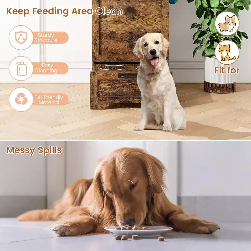 Fold Top Dog Feeding Station with Storage Cabinet, 2 Elevated Stainless Steel Bowls & 3 Hooks, Wooden Pet Food Organizer for Dogs Cats, End Table