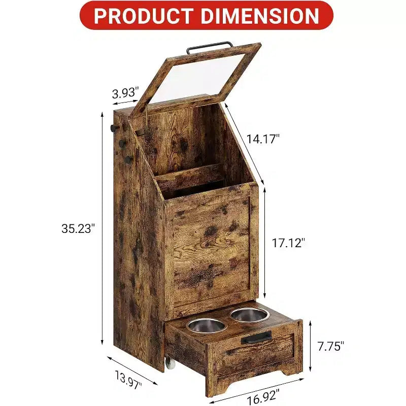 Fold Top Dog Feeding Station with Storage Cabinet, 2 Elevated Stainless Steel Bowls & 3 Hooks, Wooden Pet Food Organizer for Dogs Cats, End Table