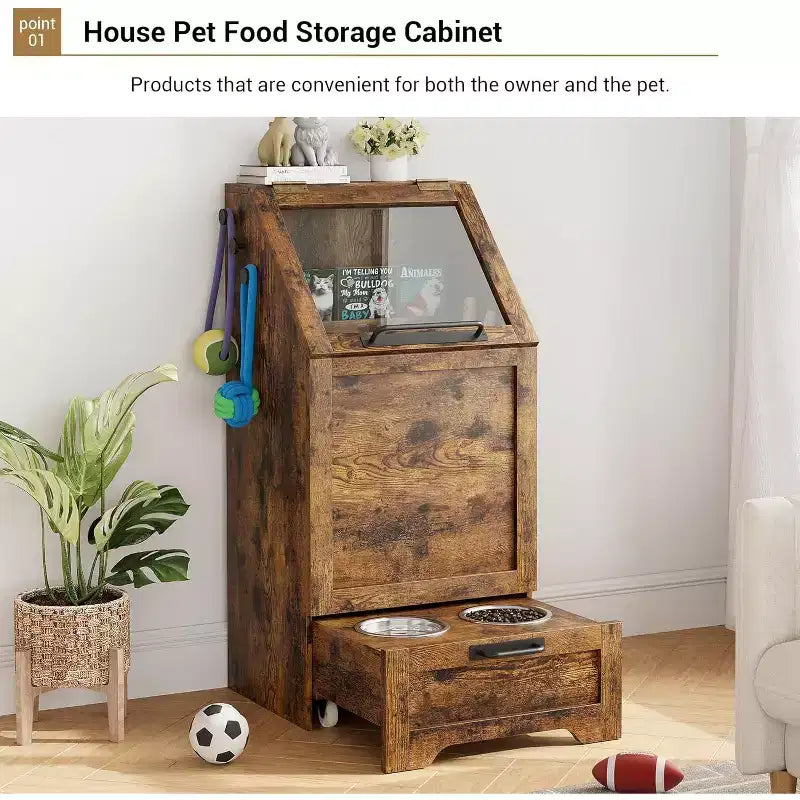 Fold Top Dog Feeding Station with Storage Cabinet, 2 Elevated Stainless Steel Bowls & 3 Hooks, Wooden Pet Food Organizer for Dogs Cats, End Table