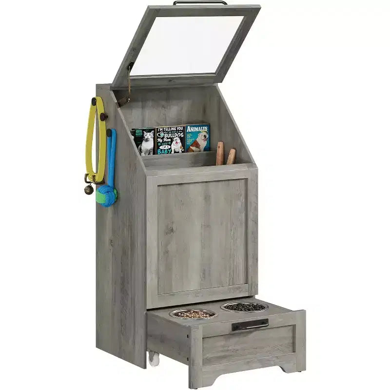 Fold Top Dog Feeding Station with Storage Cabinet, 2 Elevated Stainless Steel Bowls & 3 Hooks, Wooden Pet Food Organizer for Dogs Cats, End Table