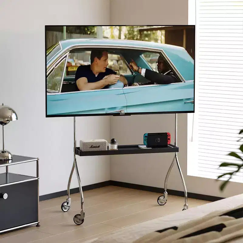 Walk-Around TV Stand with 360° Rotating Wheels, Floor-Standing Display for 43-70 Inch TVs