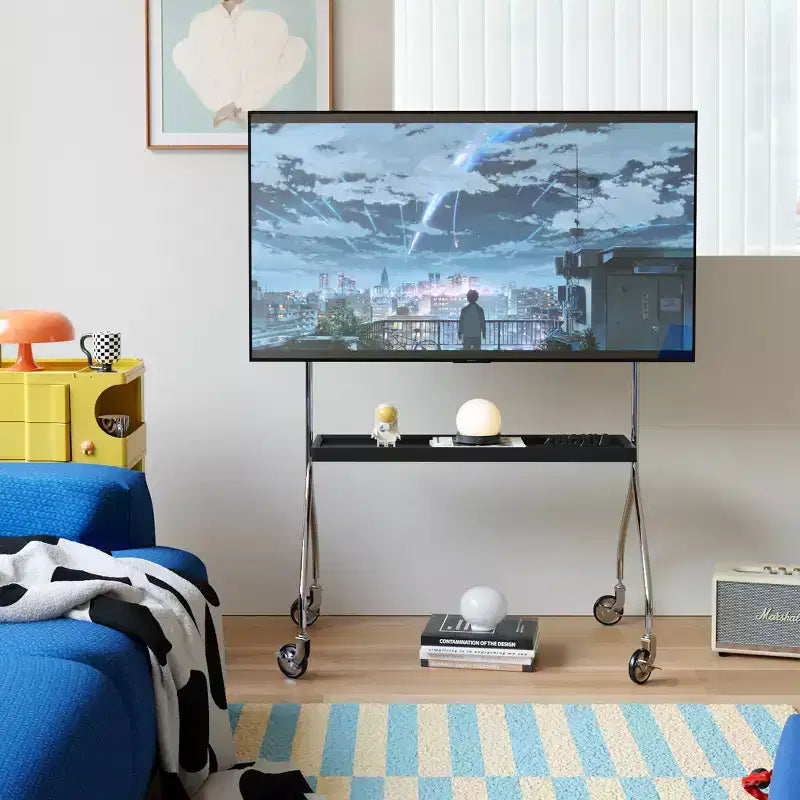 Walk-Around TV Stand with 360° Rotating Wheels, Floor-Standing Display for 43-70 Inch TVs