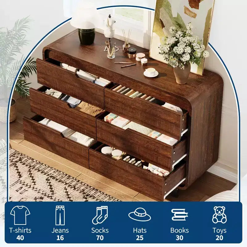 6 Drawers Dresser for Bedroom, 47 Wide Modern Wooden Clothes Dresser with Large Wood Storage, Chest of Drawers for Living Room, Hallway