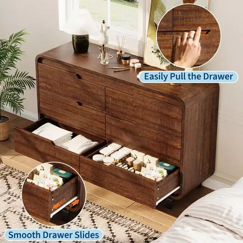 6 Drawers Dresser for Bedroom, 47 Wide Modern Wooden Clothes Dresser with Large Wood Storage, Chest of Drawers for Living Room, Hallway