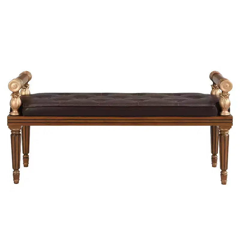 Mid-Century Modern Rubberwood Faux Leather Upholstered Button Tufted Bench