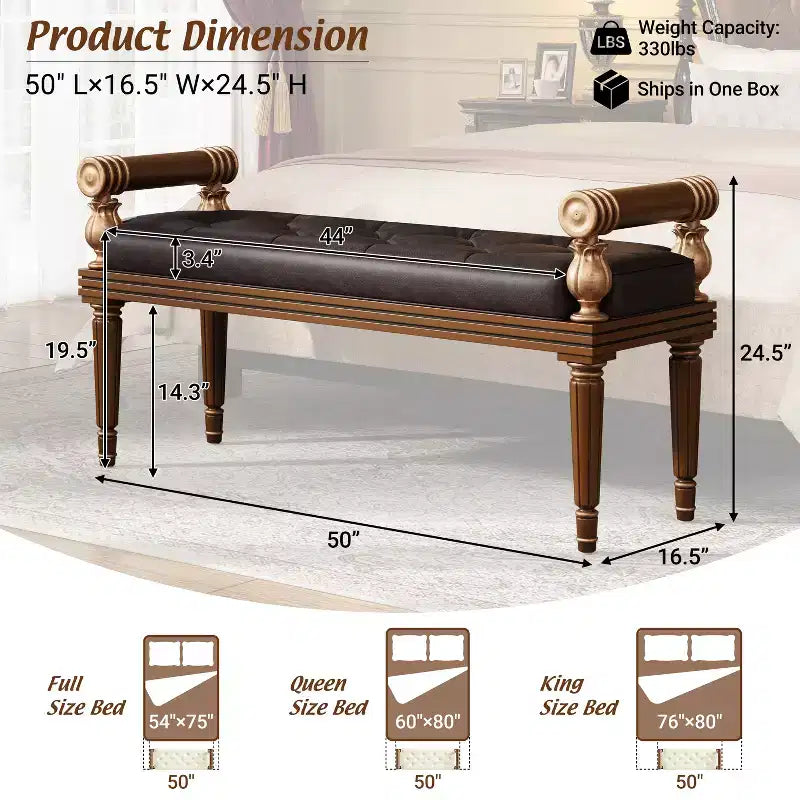 Mid-Century Modern Rubberwood Faux Leather Upholstered Button Tufted Bench
