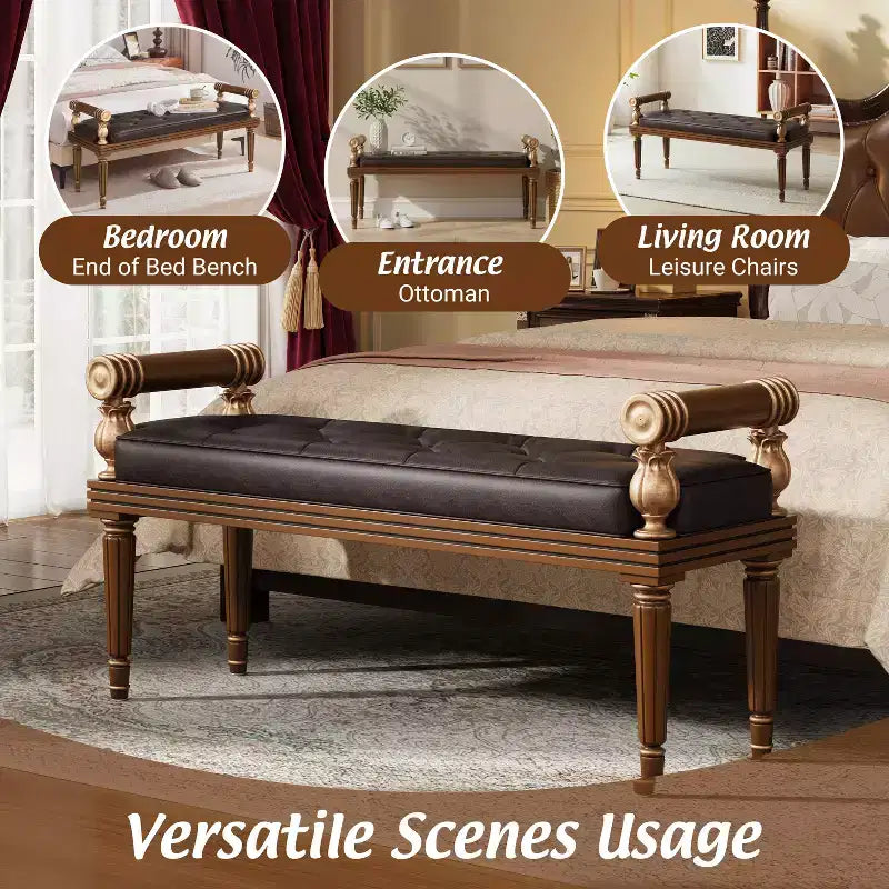 Mid-Century Modern Rubberwood Faux Leather Upholstered Button Tufted Bench